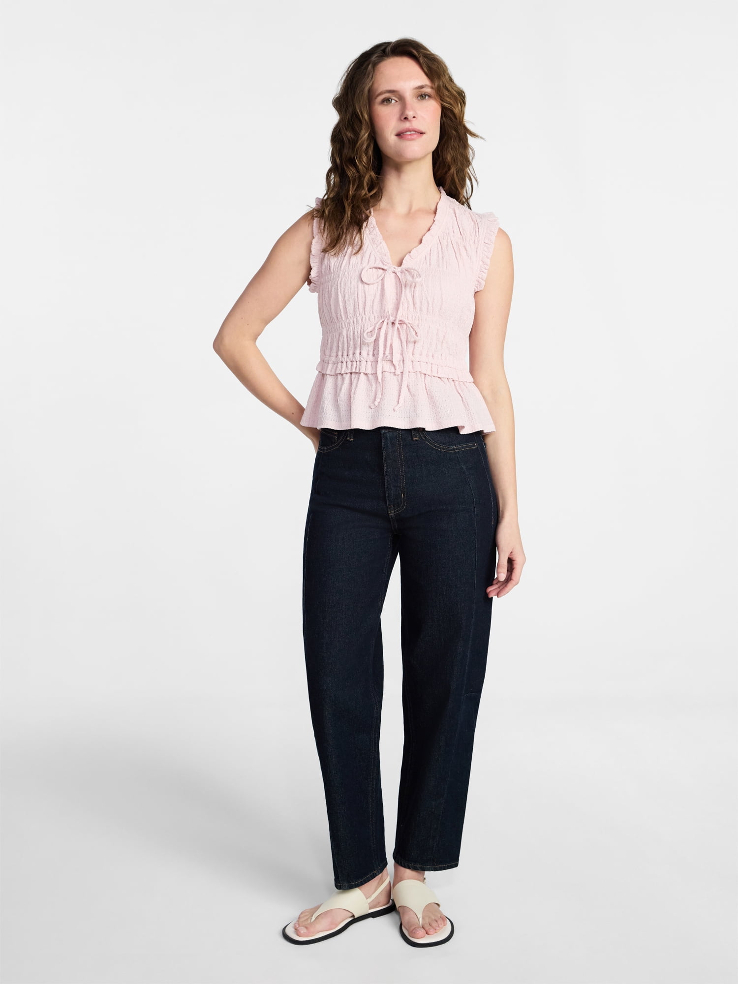 Time and Tru Women's Textured Tie Front Top, Sizes XS-XXXL