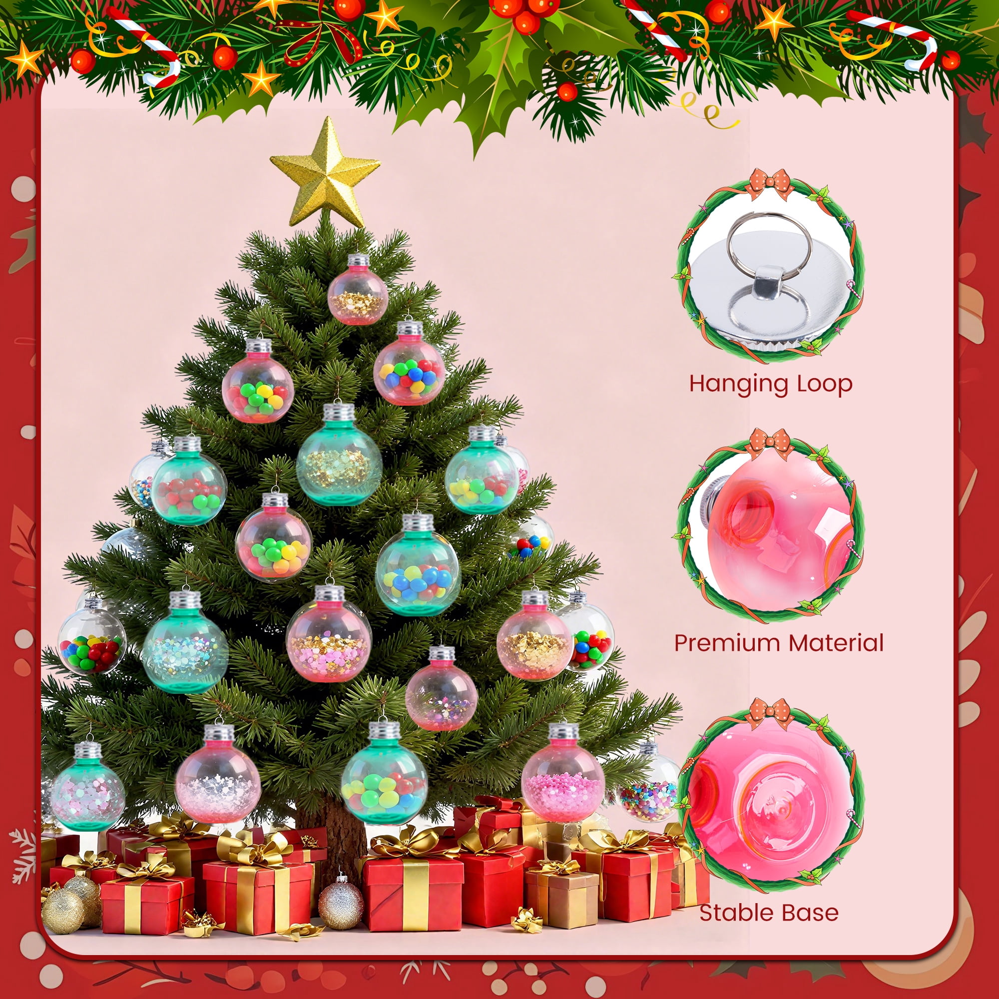 12 Pack Fillable Christmas Ornament Balls for Drinks, 5 oz Plastic Bulb Ornaments for Tree Hanging Decor, Holiday Gifts and Stocking Stuffers