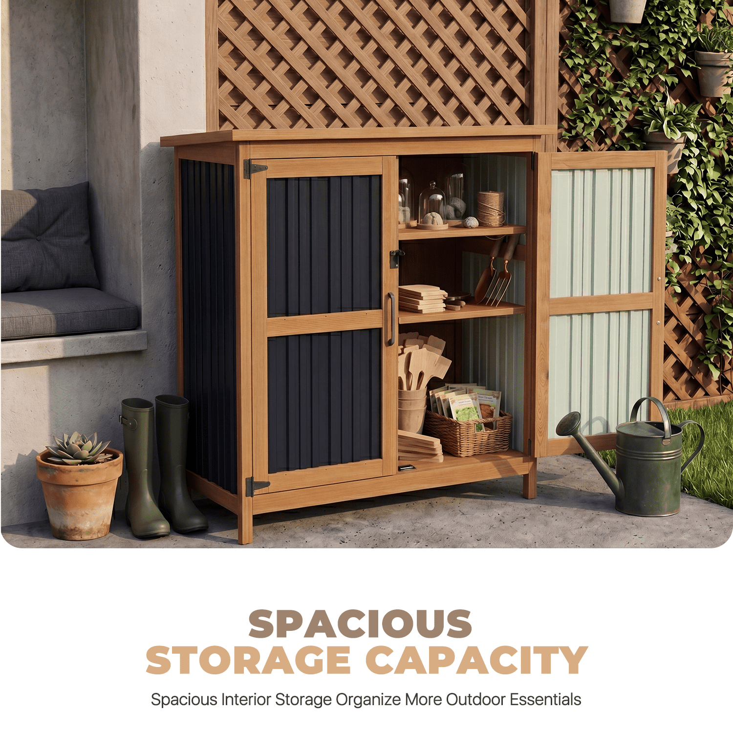 BaPiPro Outdoor Storage Cabinet, 2.6'x1.1' Wood Storage Shed with Lockable Doors, Waterproof Garden Tool Cabinet with Removable Shelf for Patio, Backyard