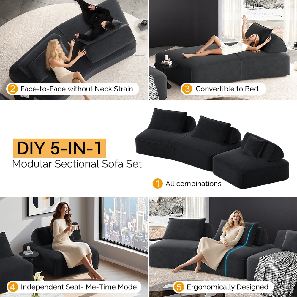 Leumius 139" Oversized Modular Sectional Sofa,DIY Upholstered Fluffy Chenille Sofa with Removable Backrests and Soft Pillows,Deep Seat Couch & Sofa Bed for Living Room,Office,Dark Gray
