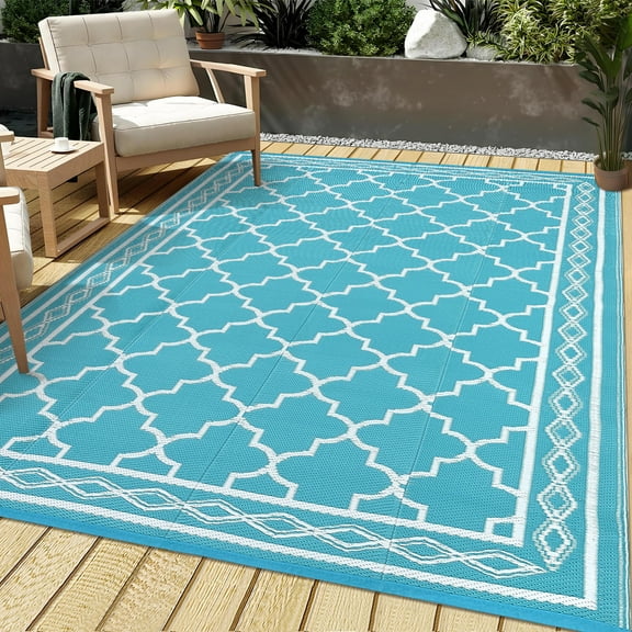 HOMERRY Geometric Moroccan Outdoor Rug Straw Plastic Area Rug for Balcony Pool RV Waterproof Reversible Carpet, Light Blue, 9'x 12'