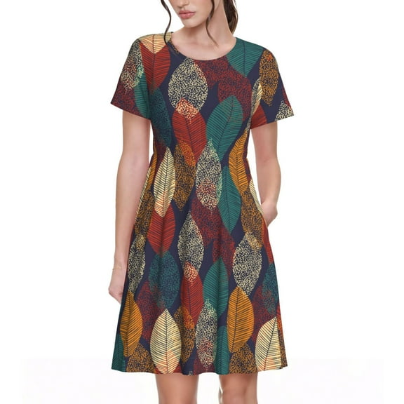 Vsdgher Autumn Leaves for Womens Summer 2025 Casual Midi Maxi Dresses Lightweight Short Sleeve Round Neck Beach Dress -Small