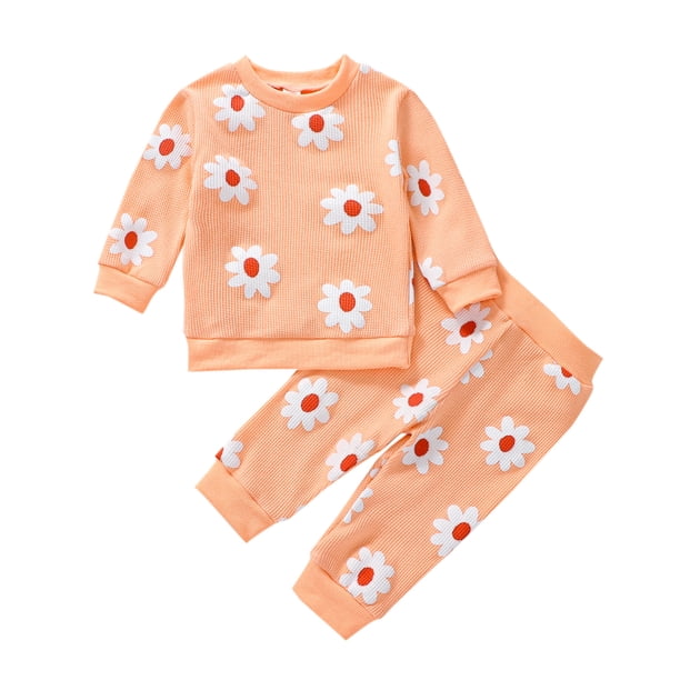 Gibobby Conjunto para bebé y niño Tops y pantalones con estampado de flores de manga larga para bebés recién nacidos y niñas, conjunto de ropa de 2 uds para niños(Naranja,18-24 Meses)