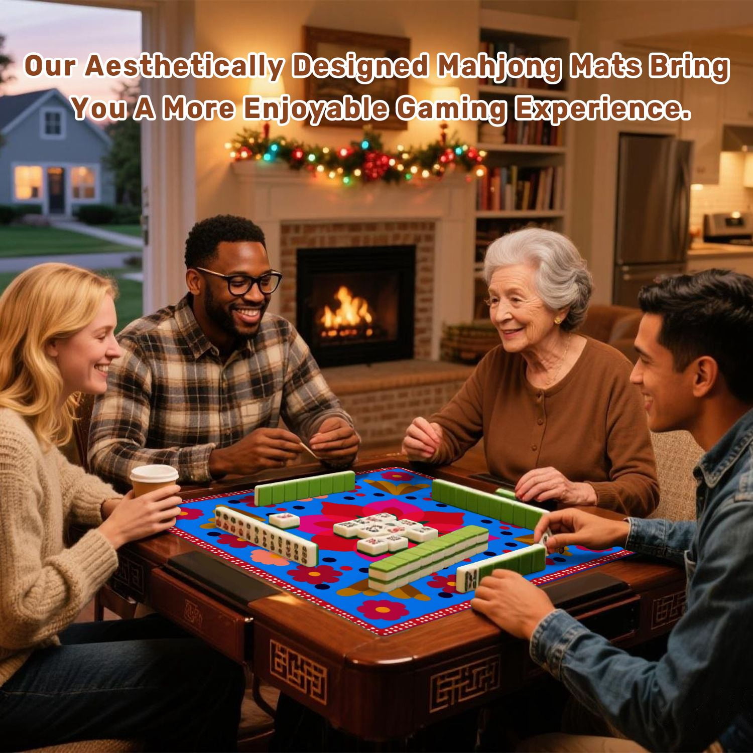 Mahjong Mat 31.5" x 31.5" Colorful Floral Folk Art Bold Geometric Shapes Non-Slip Noise Reduction American Mahjong Tiles Table Cover for Dominoes Poker Card Board Games Gift