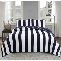 Cozy Line Home Fashions Nautical Navy Blue White Sailor Star Striped Printed Pattern 2 Piece 100% Cotton Quilt Bedding Set, Twin