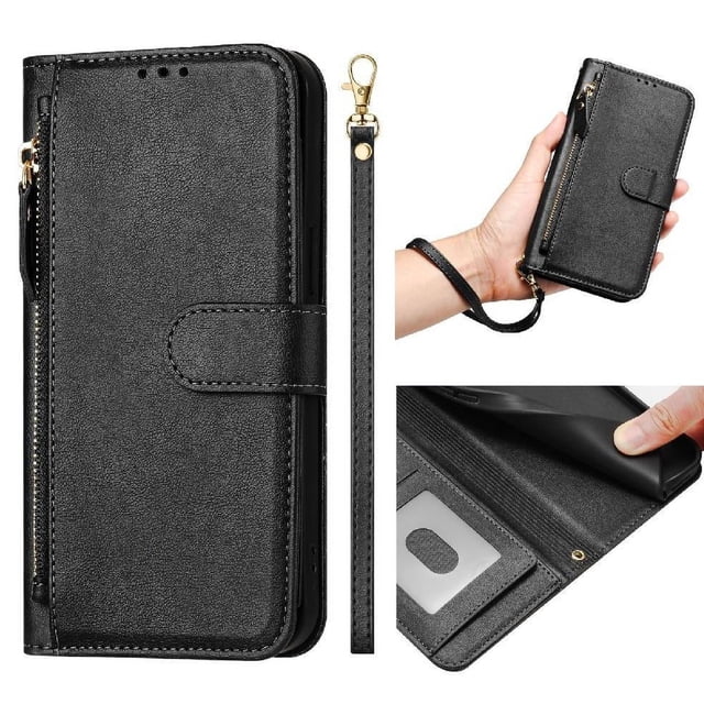 Filp Case for Google Pixel 7 Zipper Pocket Magnetic Flip Wallet Phone Case with 7 Card Slots and Wrist Strap