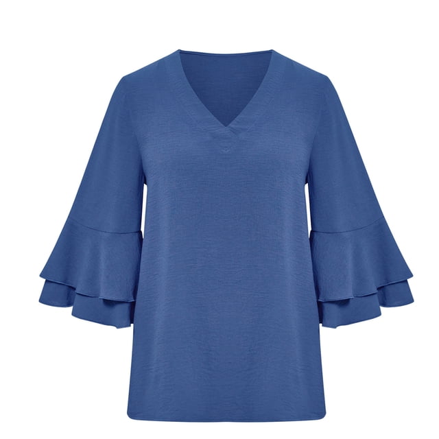 Camiseta informal de manga con volantes para mujer, camiseta acampanada de manga corta con cuello redondo, camiseta holgada de color sólido Adepaton BST3008429-2