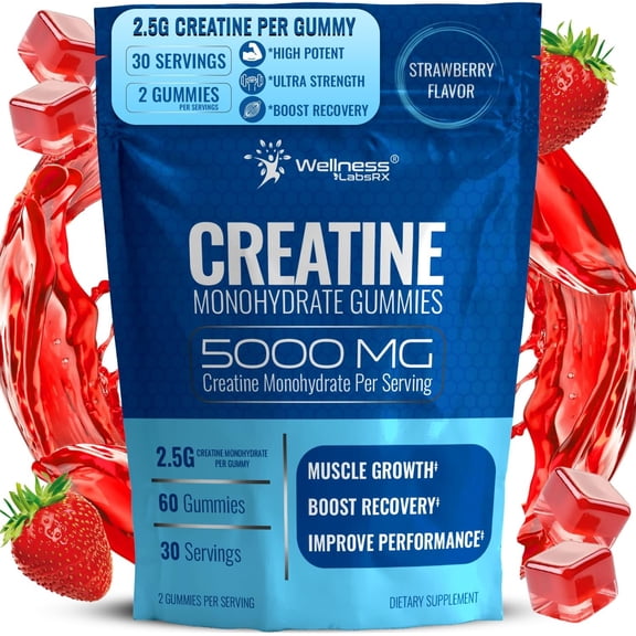 WELLNESS LABSRX Creatine Monohydrate Gummies 5000mg For Men & Women, Strawberry Flavor, 60 Count
