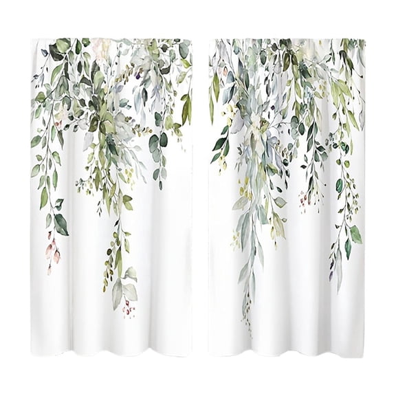 2 Panels Kitchen Window Curtains, Cafe Bathroom Window Short Curtain, Sage Green Eucalyptus Print, Semi Sheer Light Filtering, Kitchen & Cafe Bathroom Decor - 27.5X47''