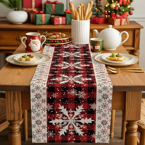 Christmas Winter Snowflake on Linen Table Runner Dresser Scarf,Kitchen Dining Table Decoration Black and Red Buffalo Plaid Linen Table Runners for Home Wedding Indoor Outdoor Party,13x70in