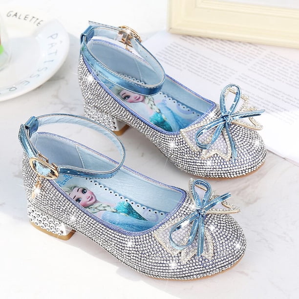 Disney primavera nueva niña zapatos de princesa de tacón alto de cristal niña congelada elsa princesa zapatos de cuero para niños shoes23-Insole 16CM Gao Jinjia LED