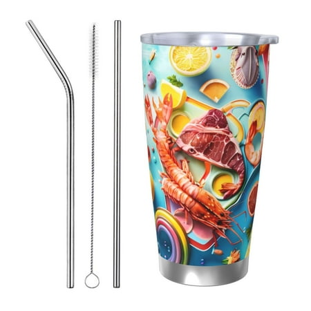 

Salouo Surreal Seafood Extravaganza Print 20oz Tumbler with Lid Stainless Steel Vacuum Insulated Tumbler Durable Insulated Coffee Mug Thermal Cup with Splash Proof Sliding Lid-Straw Three-piece Set