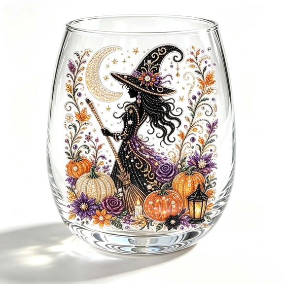 Halloween Stemless Wine Glass, Halloween Artistic Clear Tumbler Cup with 2D Sticker Decor for Home Office Kitchen Bar Table Party Supplies