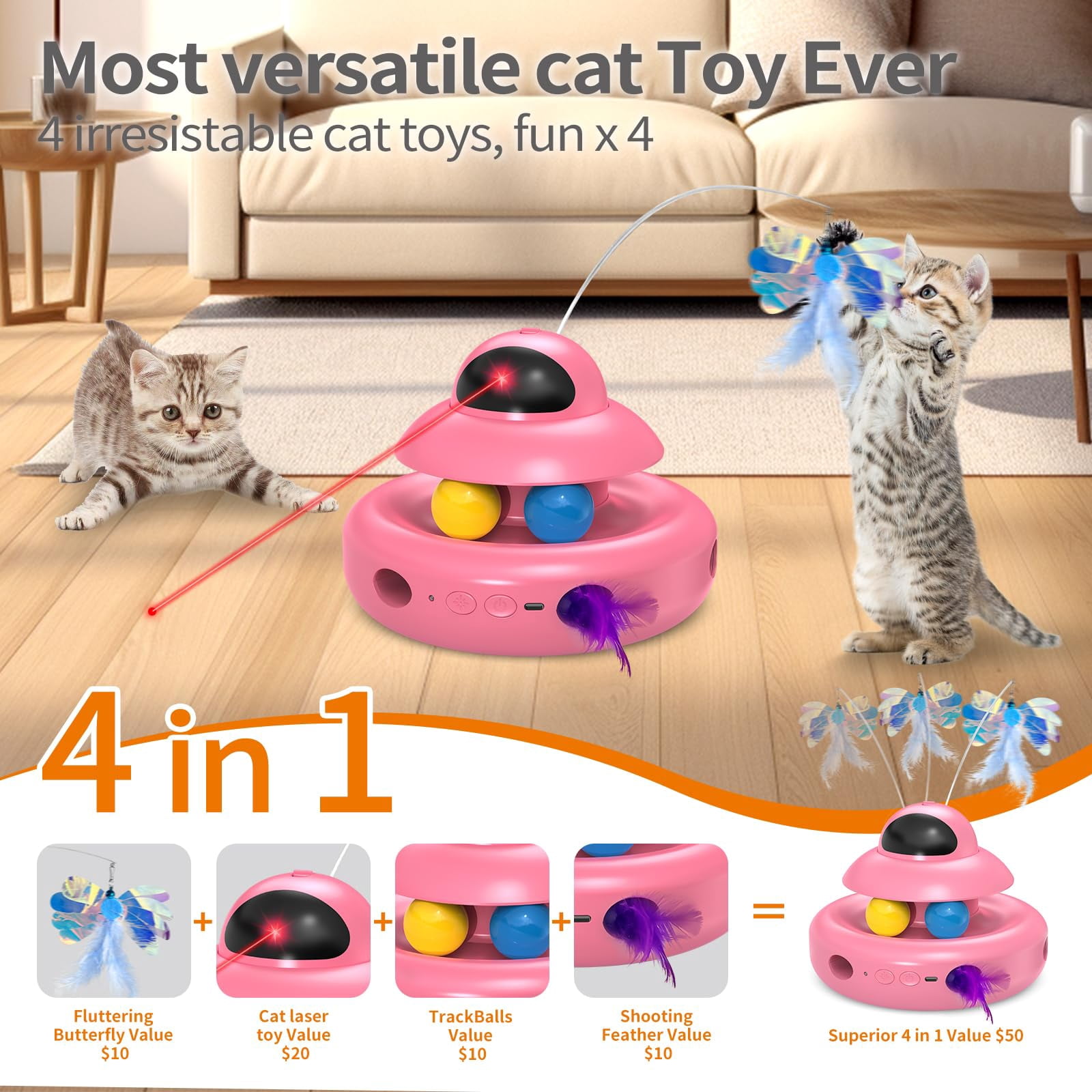 Automatic Cat Toys 4-in-1 Interactivecat For Bored Indoor Adult Cats  Electric Flying Butterfly Rechargeable Moving Ambush Pink Kitter Track Balls
