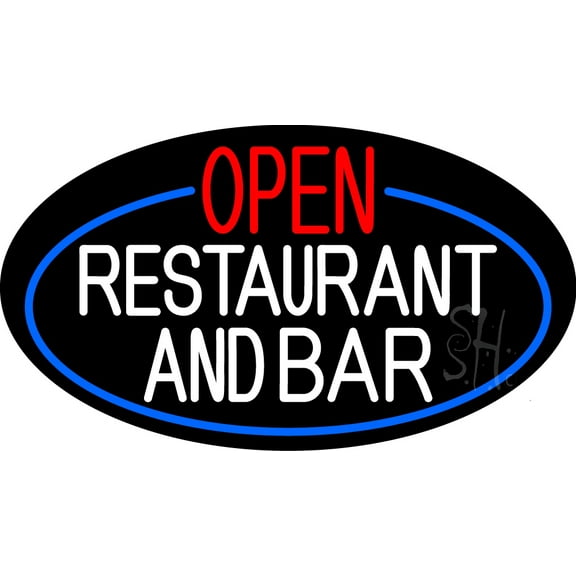 Open Restaurant And Bar Oval With Blue Border LED Neon Sign 20 x 37 - inches, Clear Edge Cut Acrylic Backing, with Dimmer - Bright and Premium built indoor LED Neon Sign for Bar decor.