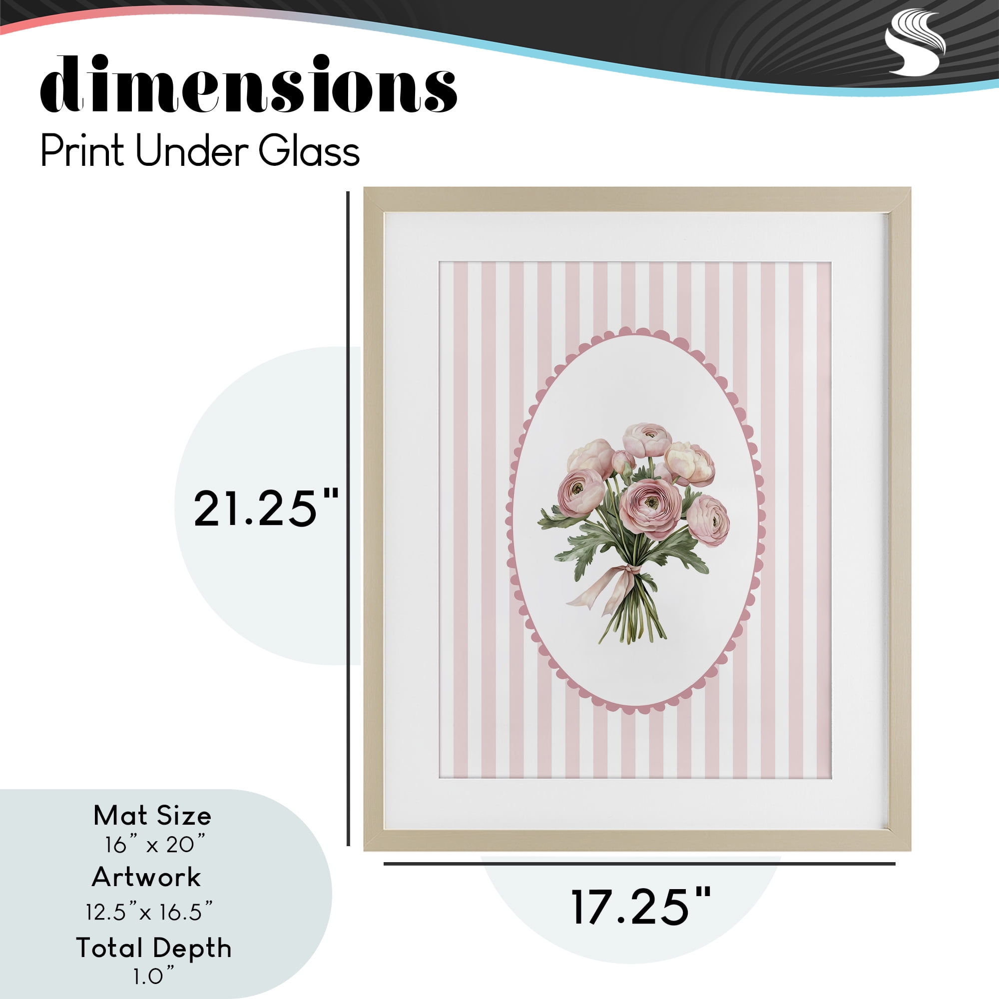 Peony Bouquet on Gentle Stripes Birch Framed Print Under Glass, design by Christine Simpson Art