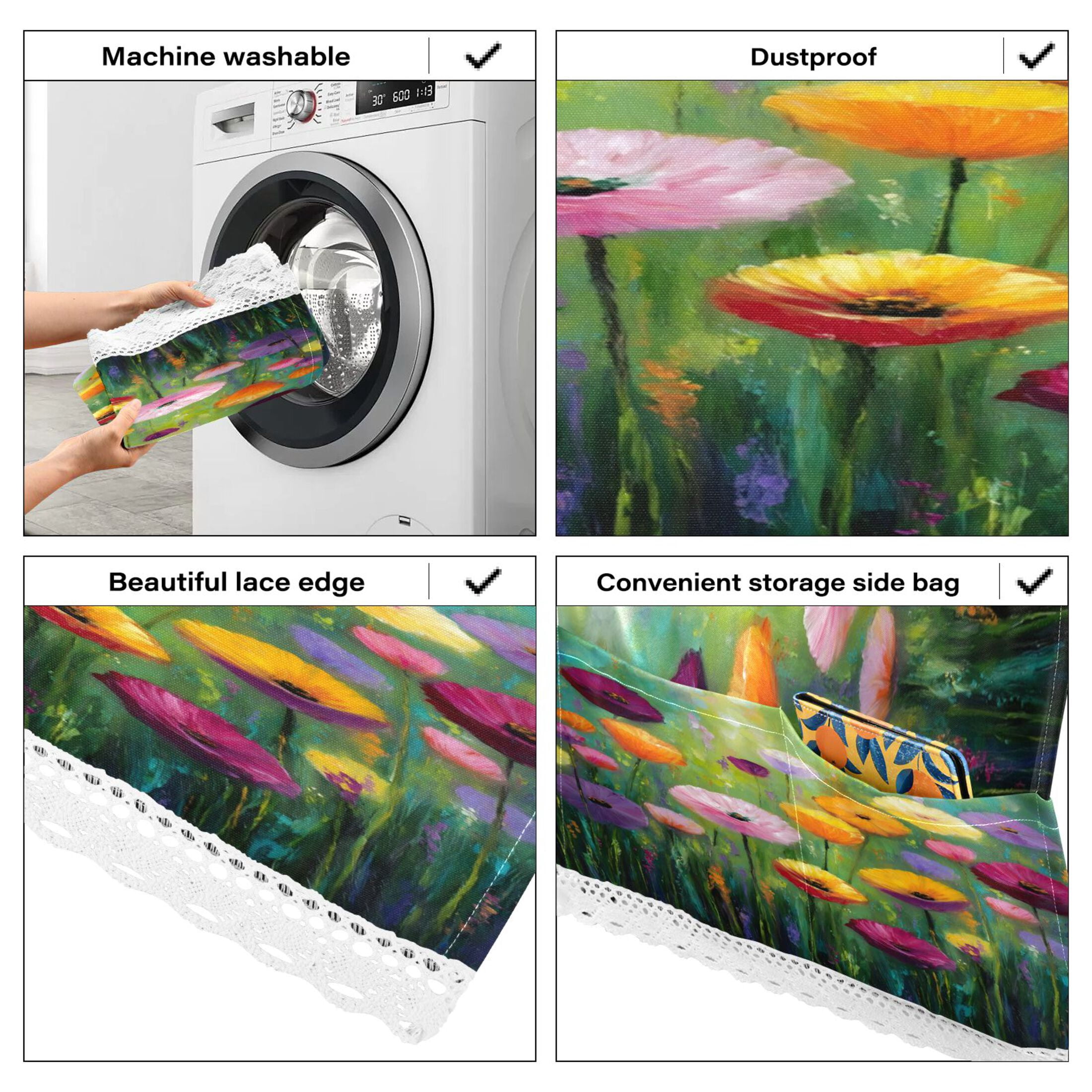 Wobogo Spring Wildflowers Washing Machine Cover Dustproof Washer Dryer Cover Waterproof Laundry Room Decorative Protector