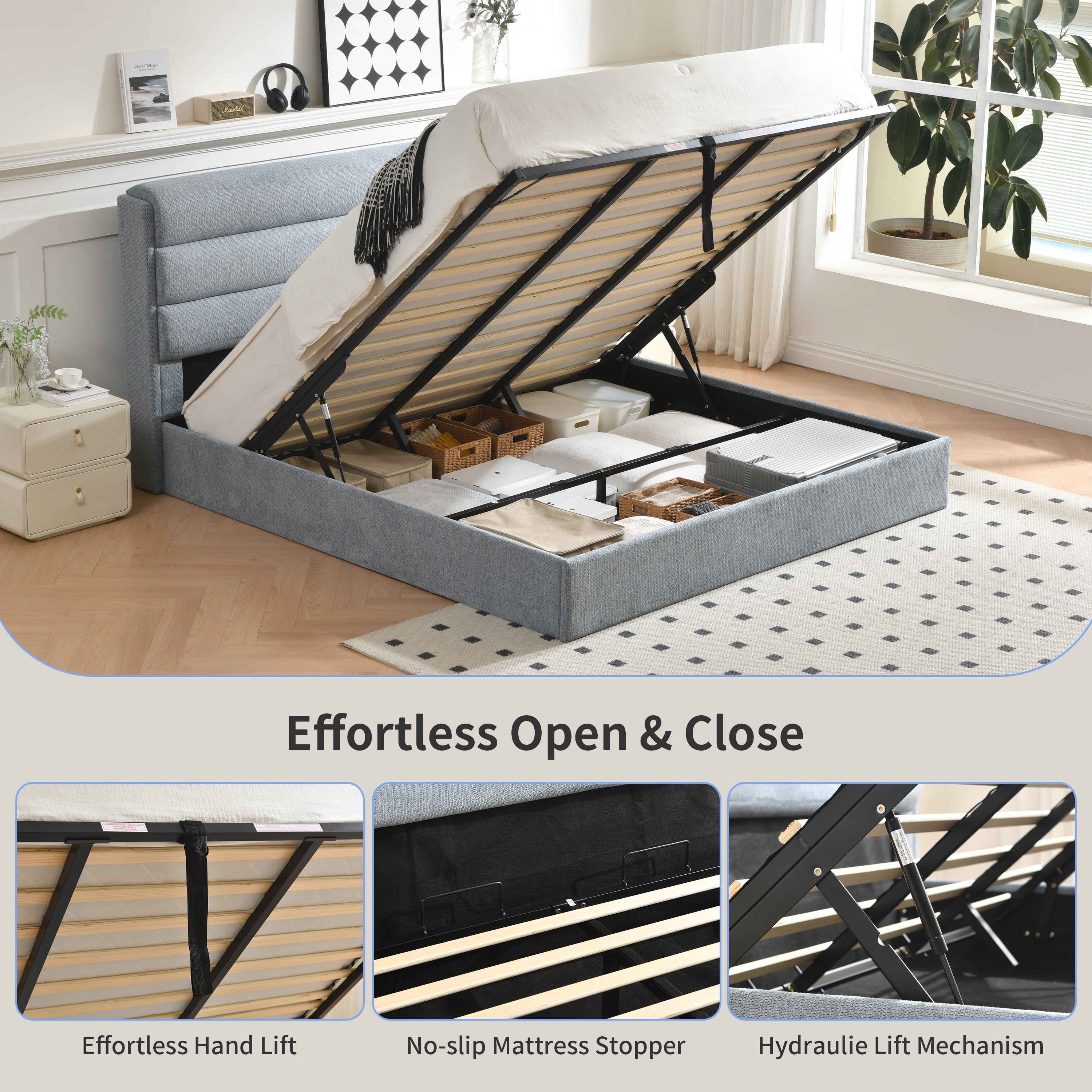 King Bed Frame with Lift up Storage, Wood Bed Frame with Headboard and Solid Wood Slats Support, Sturdy and Noiseless, Baby Blue