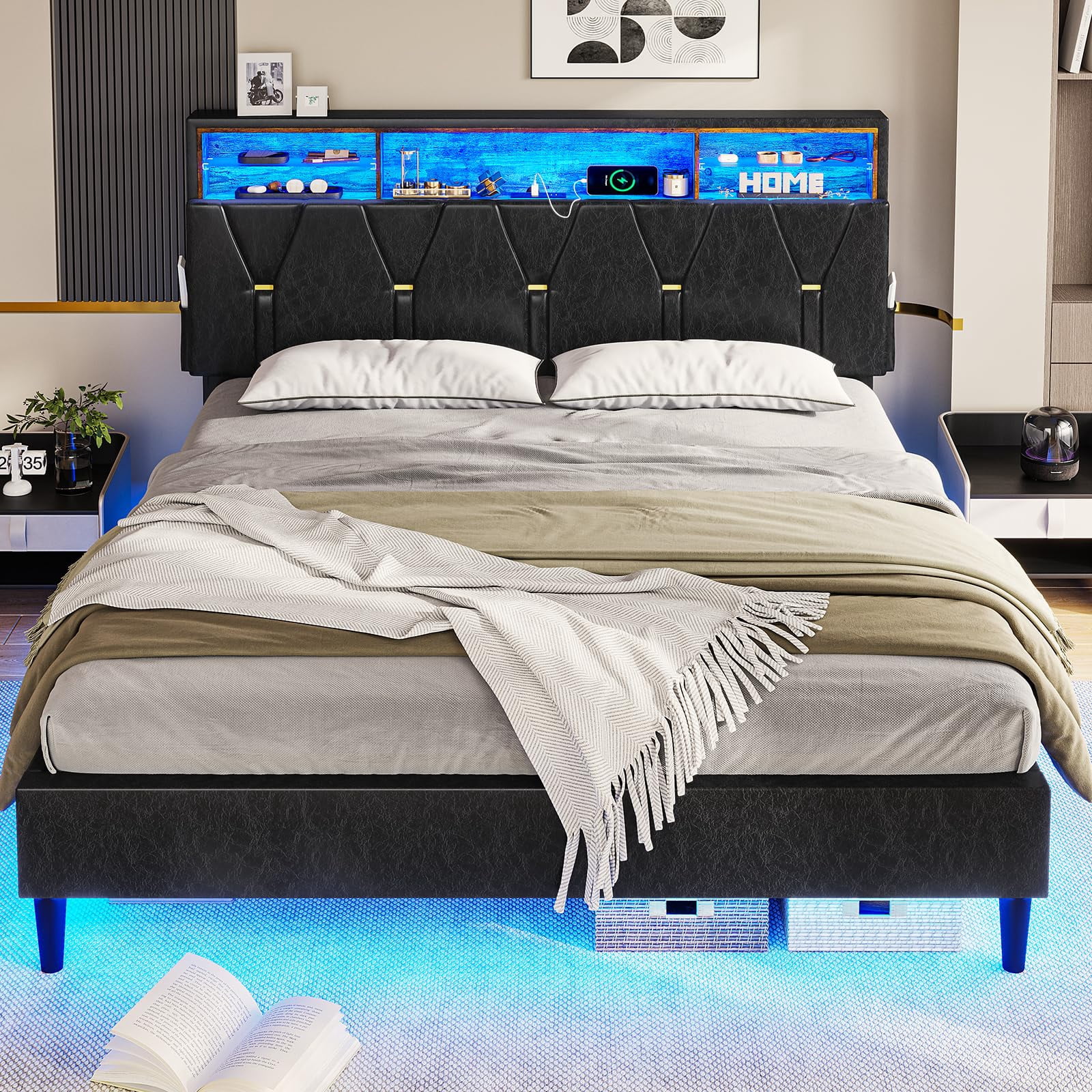 Afuhokles Queen Bed Frame with LED Lights and Charging Station, Storage Headboard Faux Leather Upholstered Bed, Black PU
