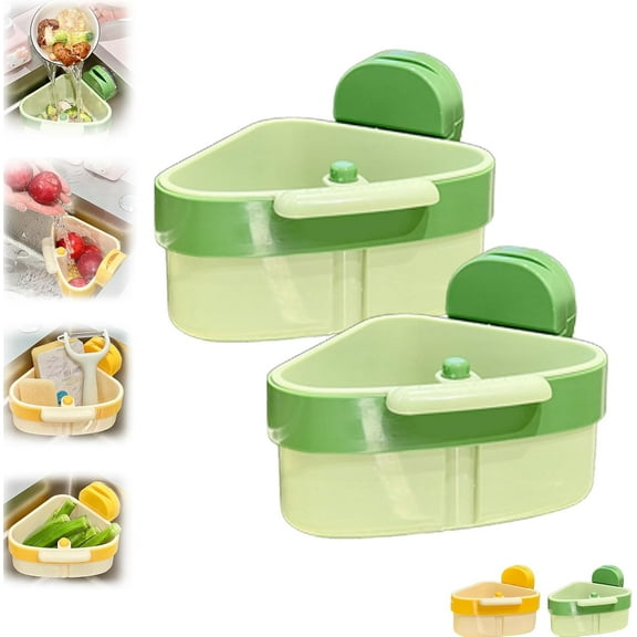 Insipire Suction Cup Corner Sink Rack, Upgraded Auto-Dump Strainer Basket & Sponge Holder, Strong Suction Cup Sink Corner Rack with Anti-Clog Design, Removable & Easy to Clean for Kitchen