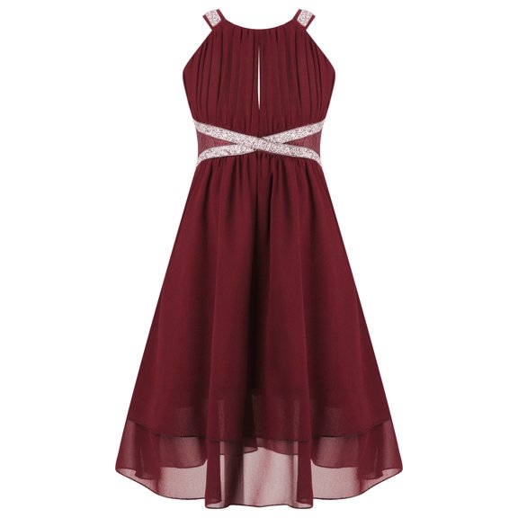 Yeahdor Kids Knee Length Flower Girls Dress Rhinestone Sleeveless Banquet Pageant Birthday Ball Gown Burgundy 14
