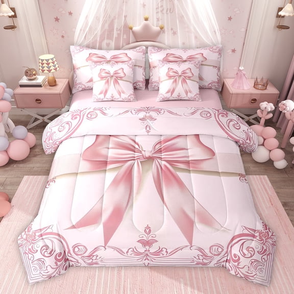 Feelyou Pink Princess Bowknot Twin Bedding Sets 7-Piece, Bohemian Damask Flower Bedding Comforter Set, Western Fashion Bow Reversible Sheet Sets, Super Cozy Room Decor