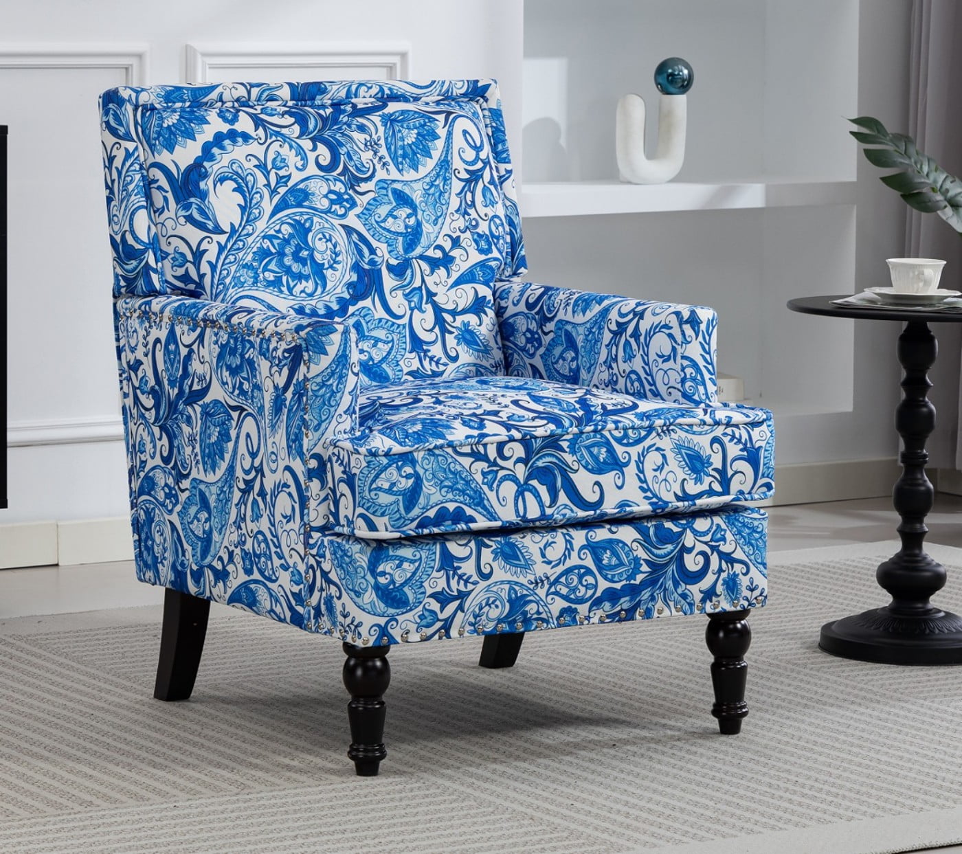 Upholstered Accent Chair with Nailhead Trim, Vintage Striped Linen Armchair, High-Density Foam Reading Chair with Solid Wood Legs for Living Room, Bedroom, Home Office, Blue & White Stripes