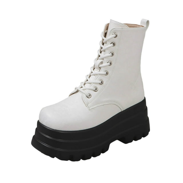 White Womens Ankle Boots With Pattern Round Toe Front Laced Thick Sole Casual Wear Comfortable Design For Outdoor And Indoor Activities Size 38