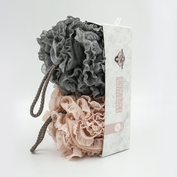 Exfoliating Luxury 2-Piece Lace Trimmed Bath Pouf Set, Grey & Pink by MinxNY