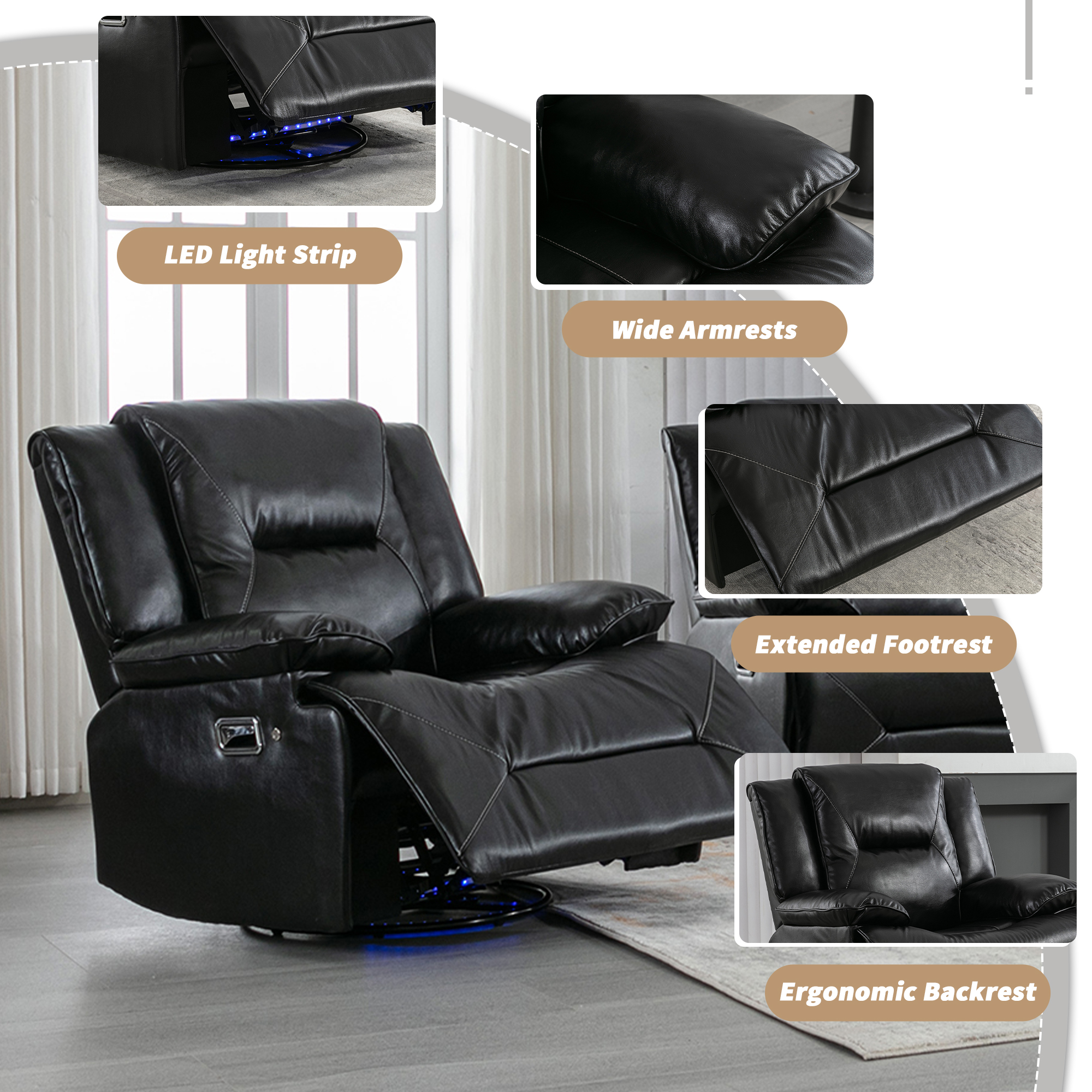 Euroco 3 Seater Home Theater Recliner Manual Recliner Chair with a LED Light Strip Two Built-in Cup Holders for Living Room,Bedroom, Black