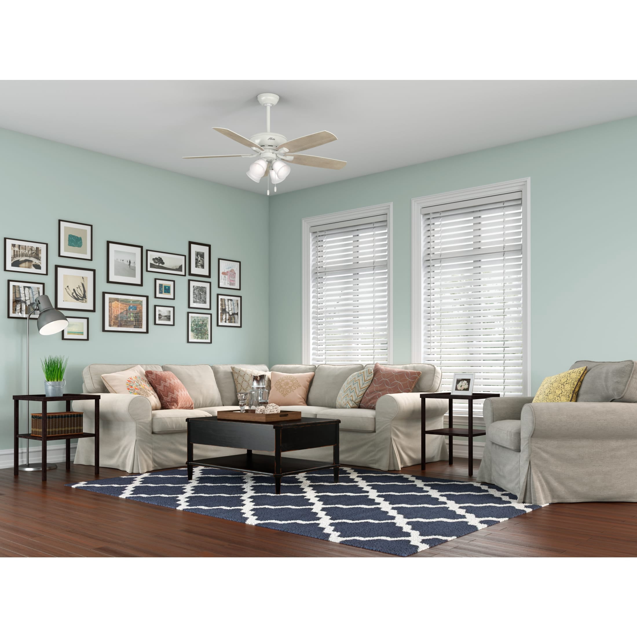 Hunter 52 inch Indoor Ceiling Fan with LED Lights - White Ceiling Fan with Pull Chain, For Bedroom or Living Room, Standard Mount, No Remote, 5 Blades, Includes Bulbs - Amberlin 53217, Fresh White