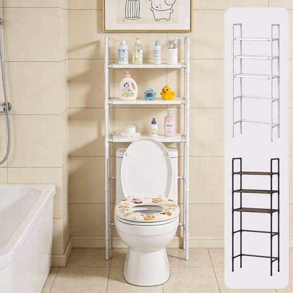 3-Tier Drill-Free Over The Toilet Storage Rack, Waterproof Bathroom Organizer Shelf with Strong Adhesion, Sturdy Heavy-Duty for Toiletries Daily Necessities Bathroom Home Storage, Black