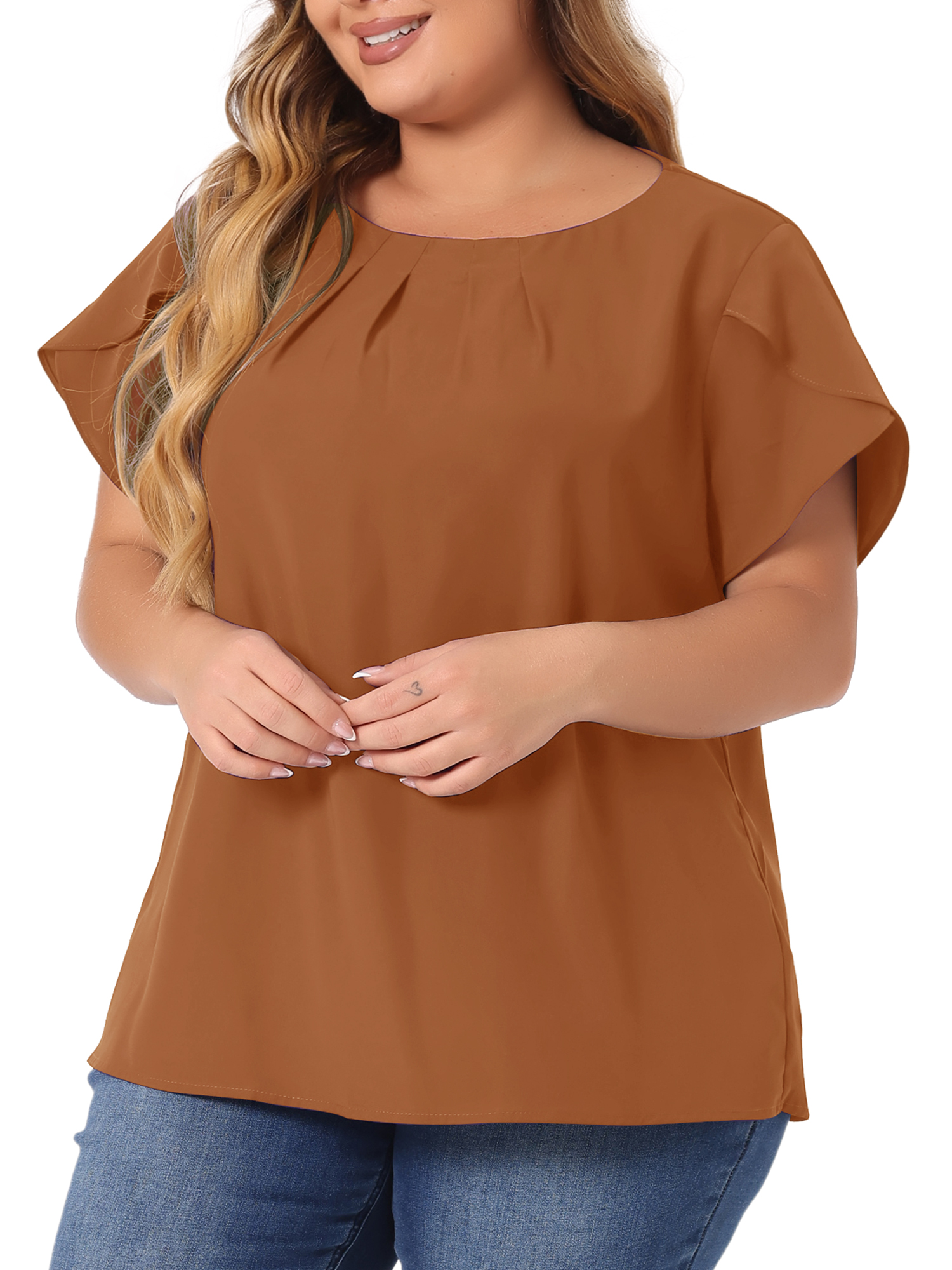 DARING DIVA Women's Plus Size Round Neck Pleated Tulip Sleeve Shirt Blouse 3X Brown