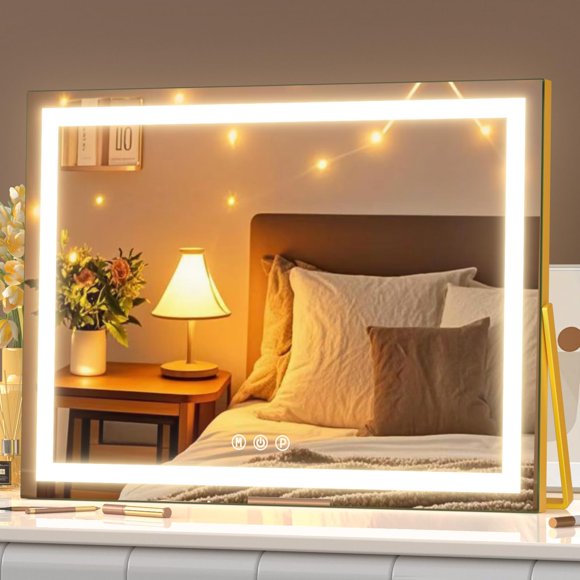 Gvnkvn Vanity Mirror with Lights, 15"à 11" LED Makeup Mirror, Lighted Makeup Mirror with Lights, Smart Touch Control Dimmable 3 Modes Light 360°Rotation Gold