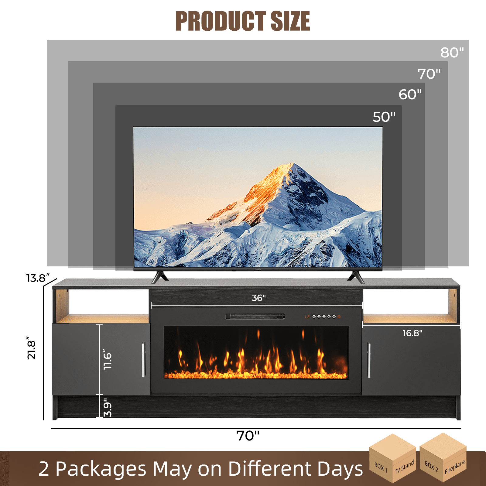 Rocyis Electric Fireplace TV Stand-70 inch TV Stand with 36" Electric Fireplace, Living Room TV Cabinet with Storage for TVs Up to 80", Led Entertainment Center, Modern Media Console, Black