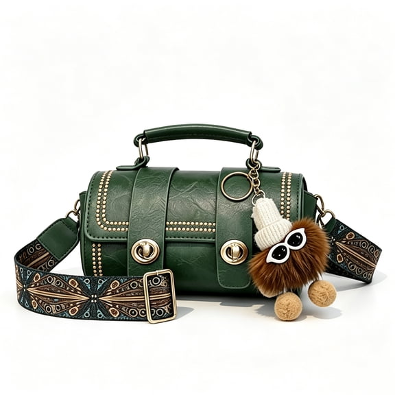 Women's Vintage Boston Bag Top Handle Satchel Purse Wide Strap Crossbody Handbag with Pom Pom Charm
