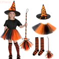 thumbnail image 2 of LYHaoo 4 Pcs Halloween Witch , Kids Girls Cute Tutu Skirt with Witch Hat Broom Striped High Stockings for Themed Party(4-10 Years), 2 of 4