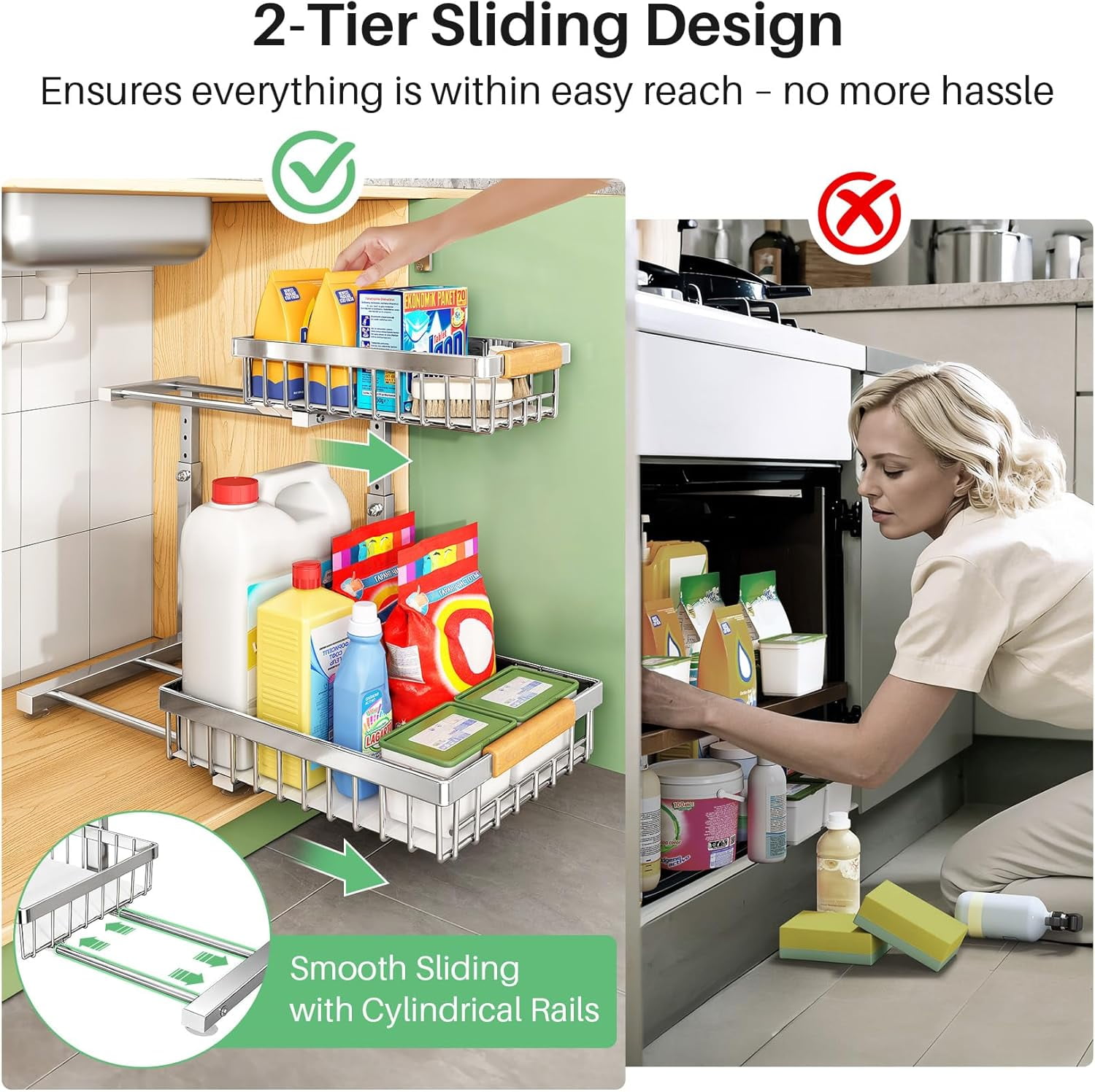 Under Sink Organizer, 2 Packs 2 Tier Under Sink Organizers and Storage, Slide out Pull out Cabinet Organizer Shelf, Metal Sliding Drawer for Kitchen Bathroom Pantry Cabinet Closet Organization Rack