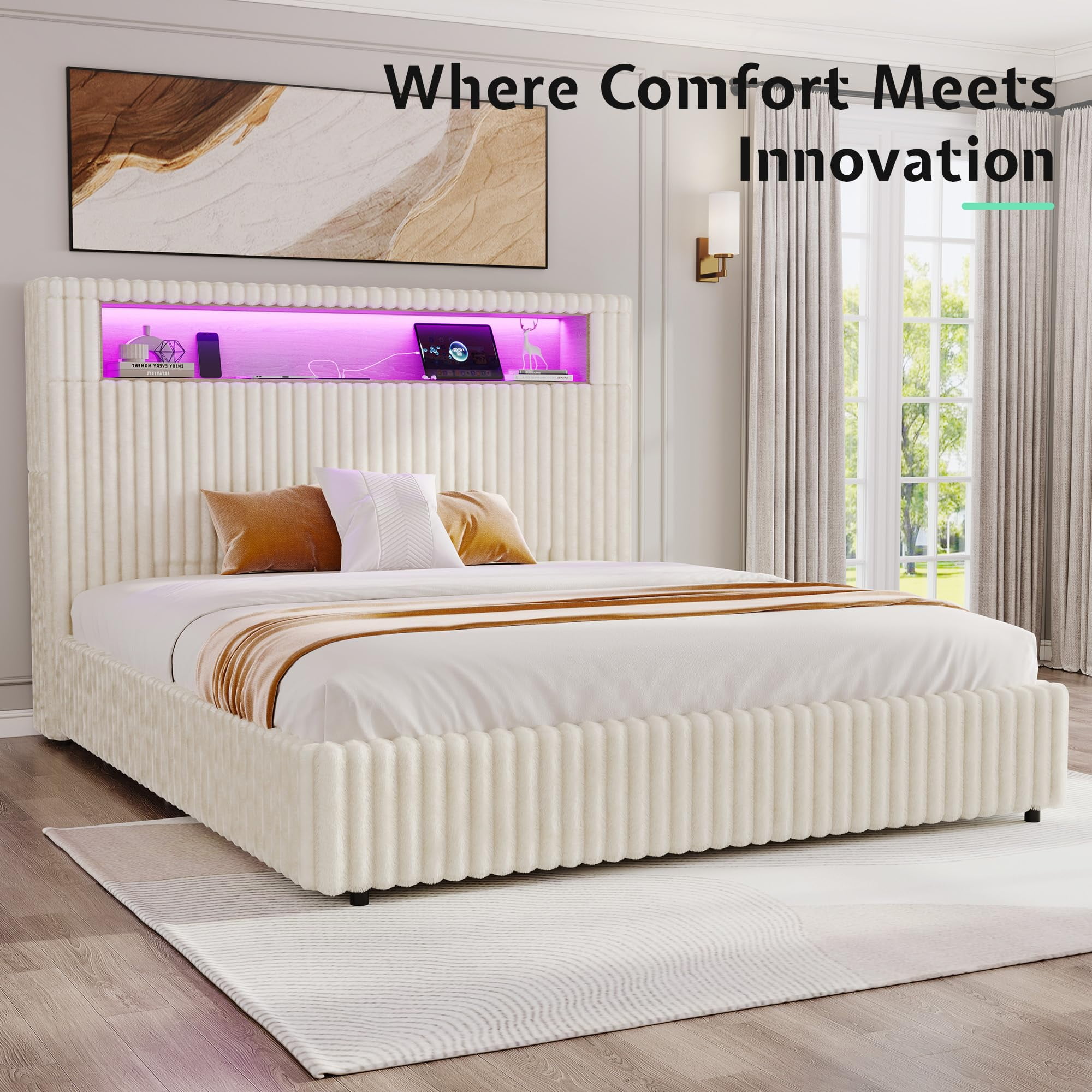VanAcc Queen Size Storage Bed Frame with 51.2" Tall Upholstered Headboard, Built-in 6 Drawers & Bookcase, USB Ports & RGB LED Lights, Cream