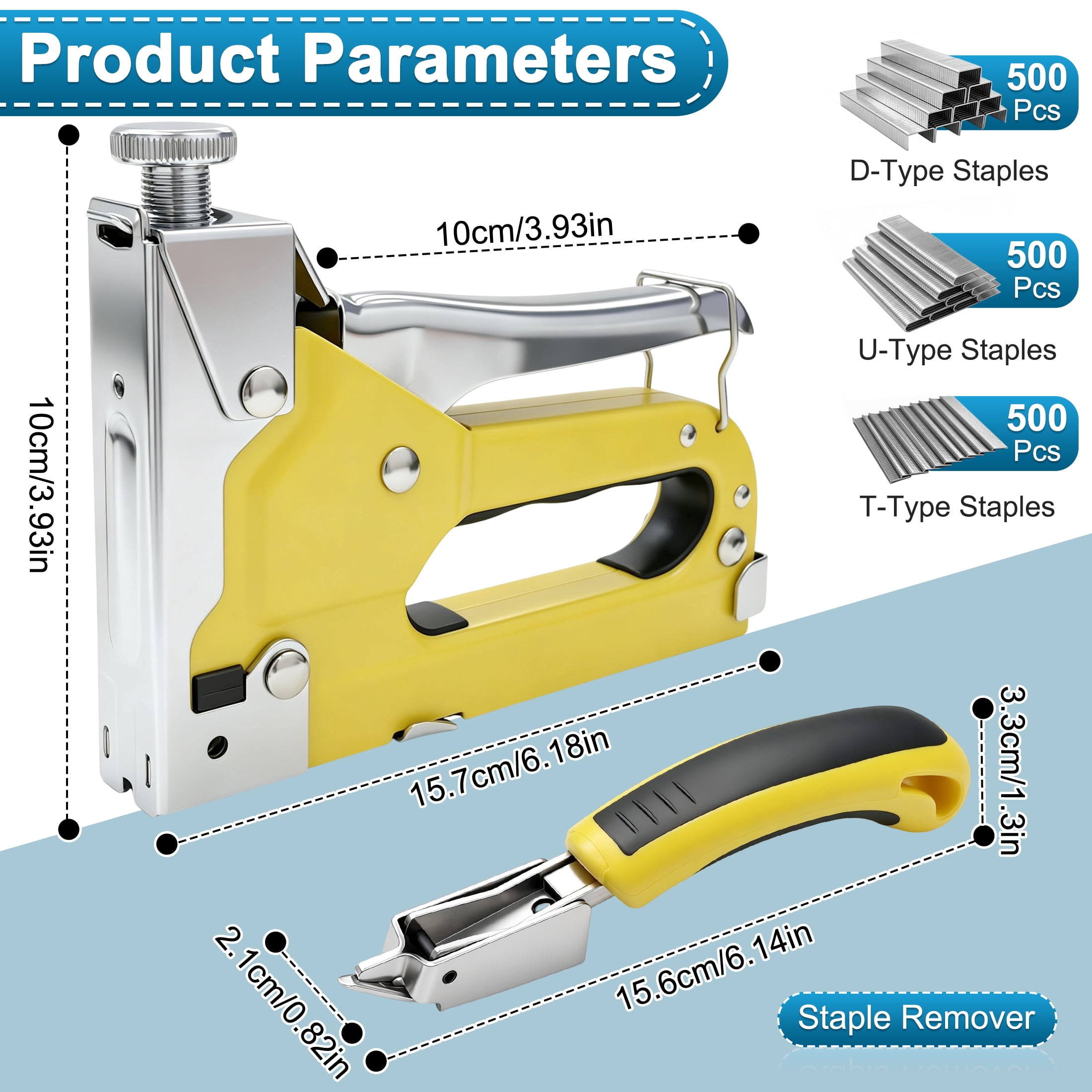 3 In 1 Heavy Duty Staple Gun Kit, Manual U/D/T Type Stapler with 1500 Pcs Staples & Staple Remover, Adjustable Force Hand Stapler for Wood Upholstery Crafts DIY Repair