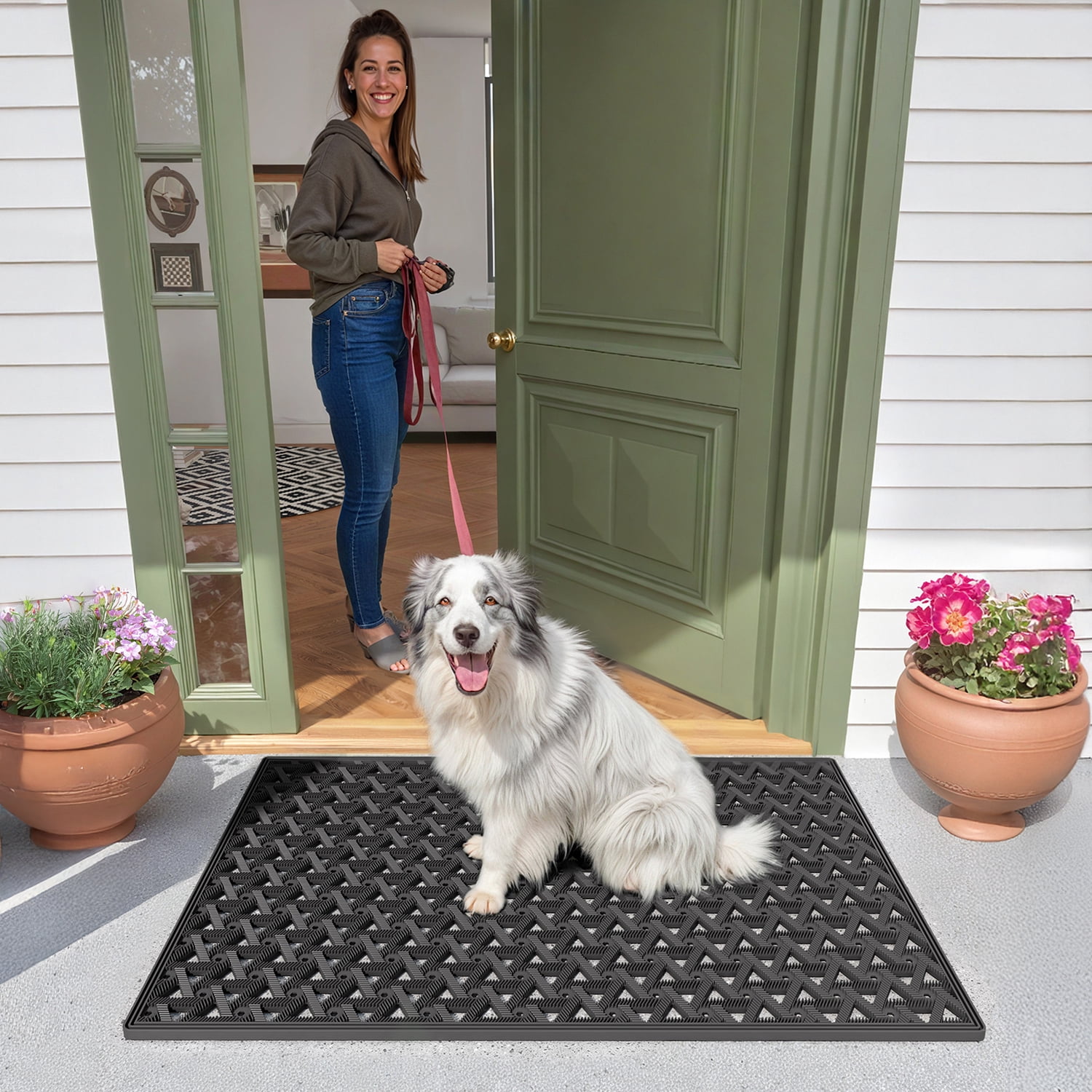 PABUBE Outdoor Doormat , Waterproof and Heavy Duty Doormat for Outside, Low Pile Dirt Trapper Rubber Outdoor Mat and Non-Slip Welcome Mat for Front Doors, 19" x 29", Black