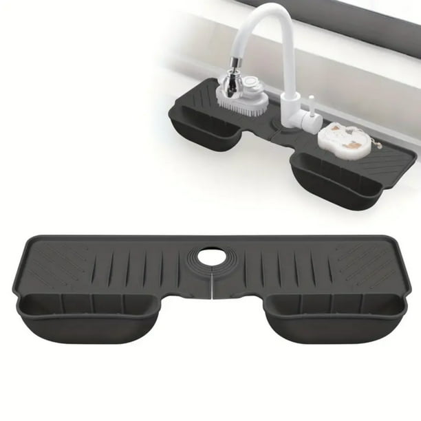Tapete protector contra salpicaduras para fregadero con orificio de drenaje de 45 x 15 cm | Bandeja de silicona para recoger agua del grifo con soporte para esponja de jabón | Organizador de