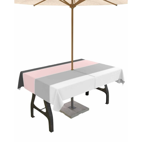 Fsddascl Pink Grey Striped Outdoor Tablecloth - 52x70 Inch Rectangle Dining Table Cover, Farmhouse Modern Waterproof Outdoor Table Cloth with Umbrella Hole & Zipper for Picnic/Patio/Party