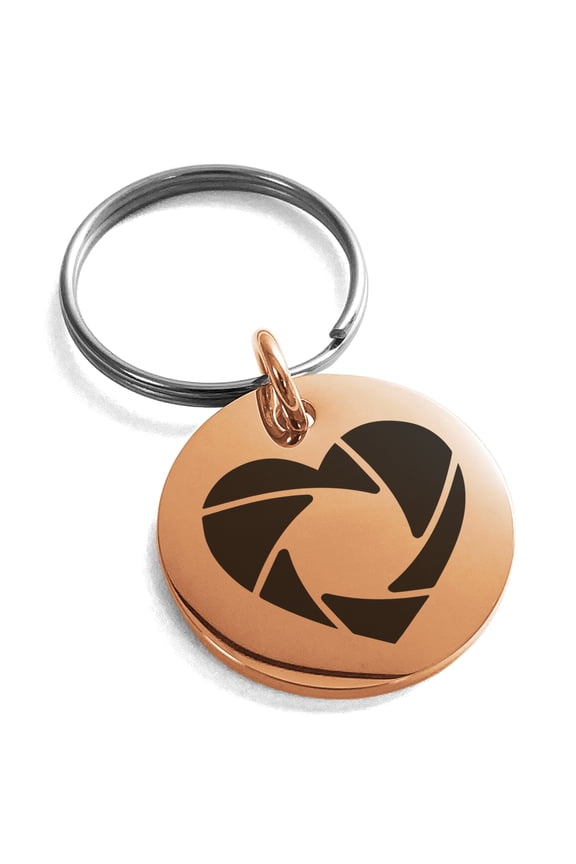 Stainless Steel Camera Shutter Heart Engraved Small Medallion Circle Charm Keychain Keyring