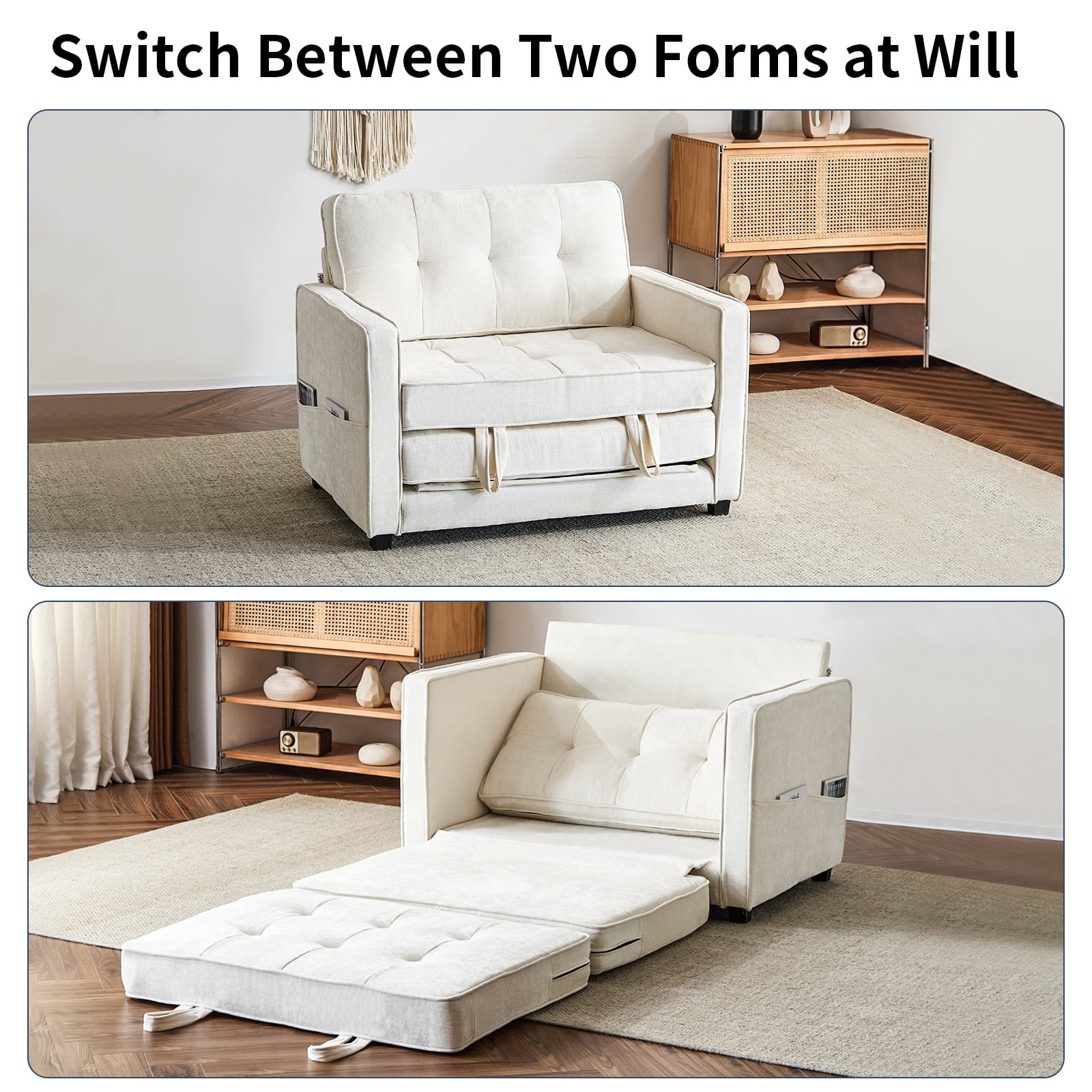 Capri 38.97”W Oversized Single Sofa Chair with Backrest, Multifunctional Sleeper Chair, Convertible Sofa Bed, Chenille Modern Accent Chair, Reading Armchair for Living Room Bedroom Study, White