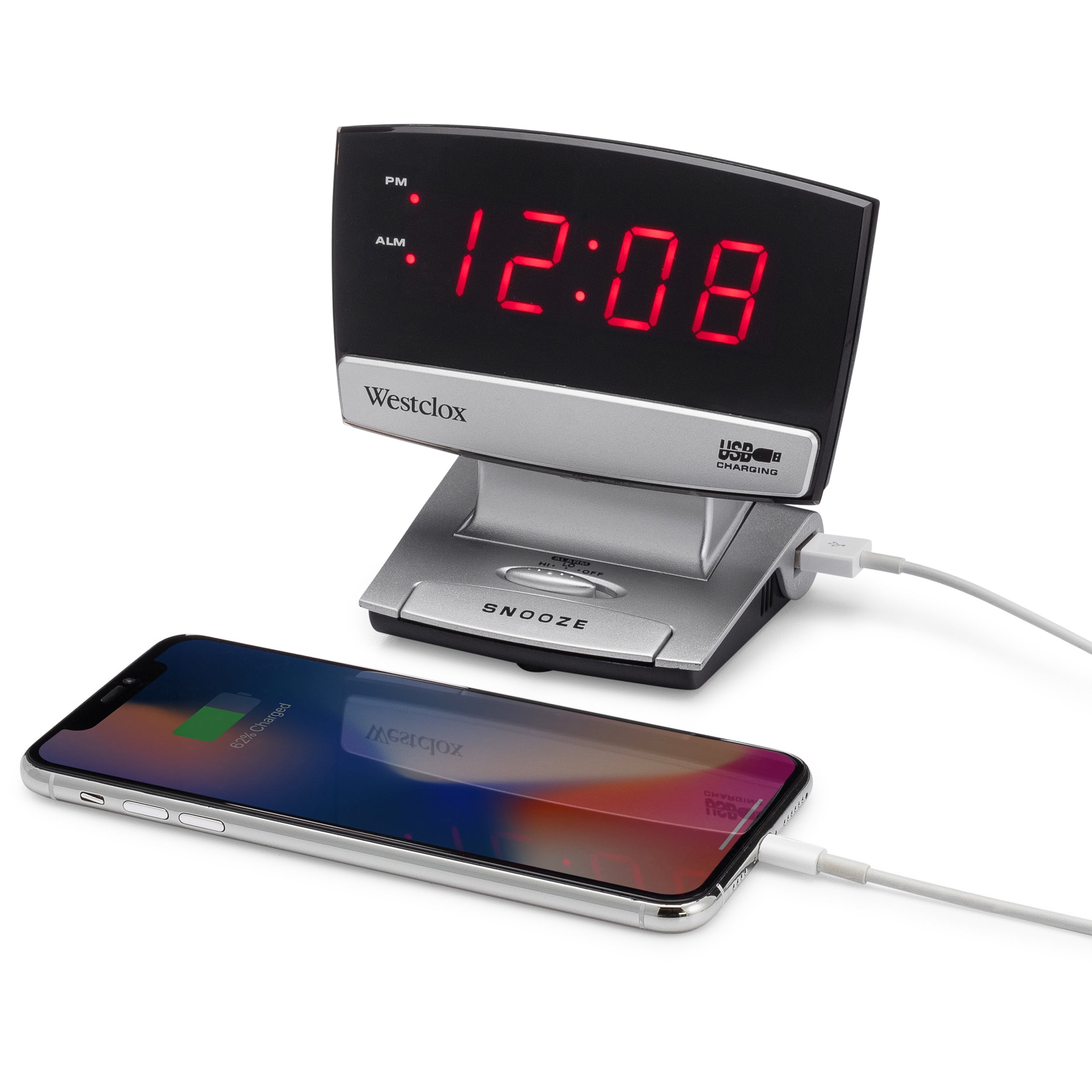 Westclox Silver Digital FM Clock Radio with Dual Alarm Nature Sounds USB Port 