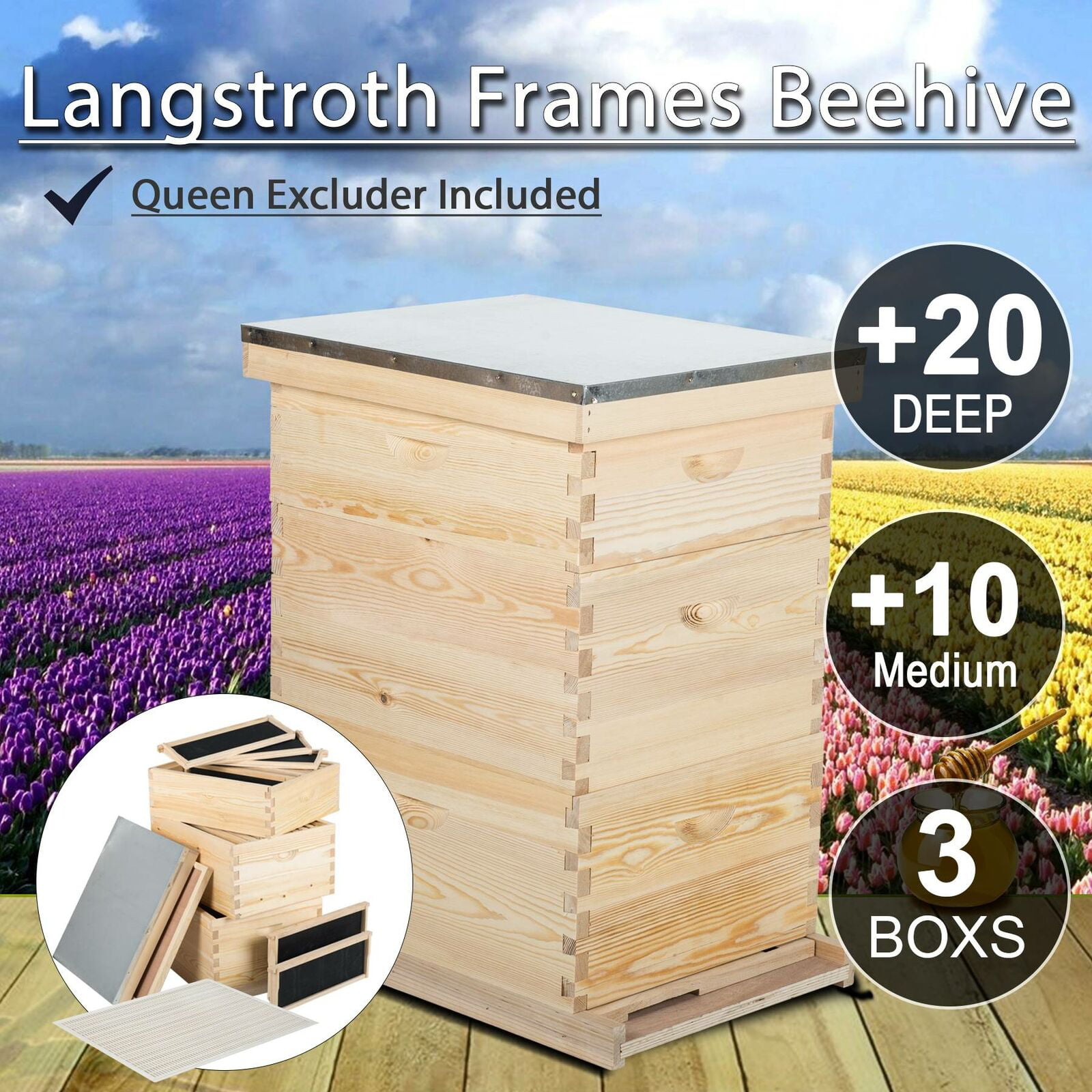 Complete Bee Hive Beehive 20 Deep 10 Medium Frames w/ Metal Roof for Beekeeping. 