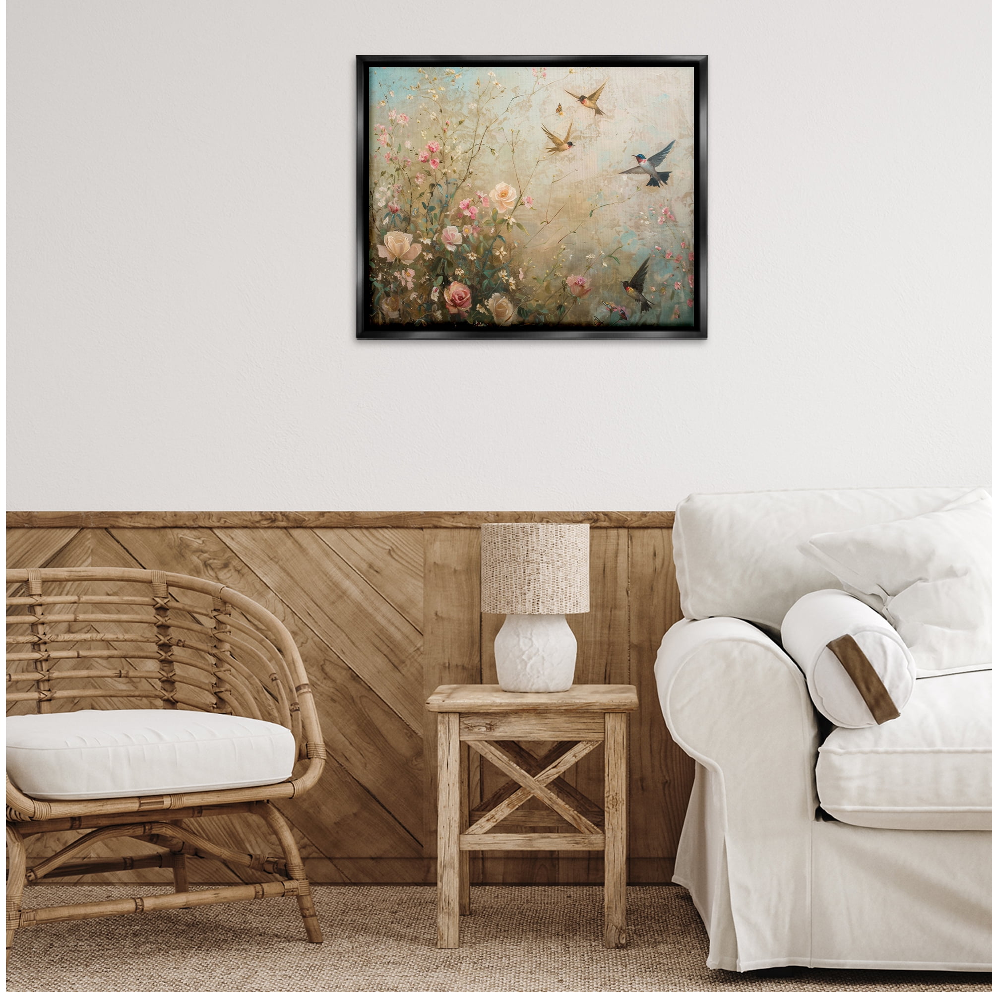 Stupell Industries Spring Meadow Birds Plants & Flowers Painting Black Floater Framed Canvas Art Print Wall Art, 31 x 25