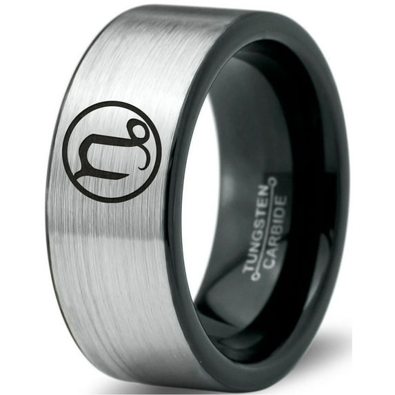 Tungsten Horoscope Capricorn Band Ring 8mm Men Women Comfort Fit Brushed Gray Flat Cut Black Polished