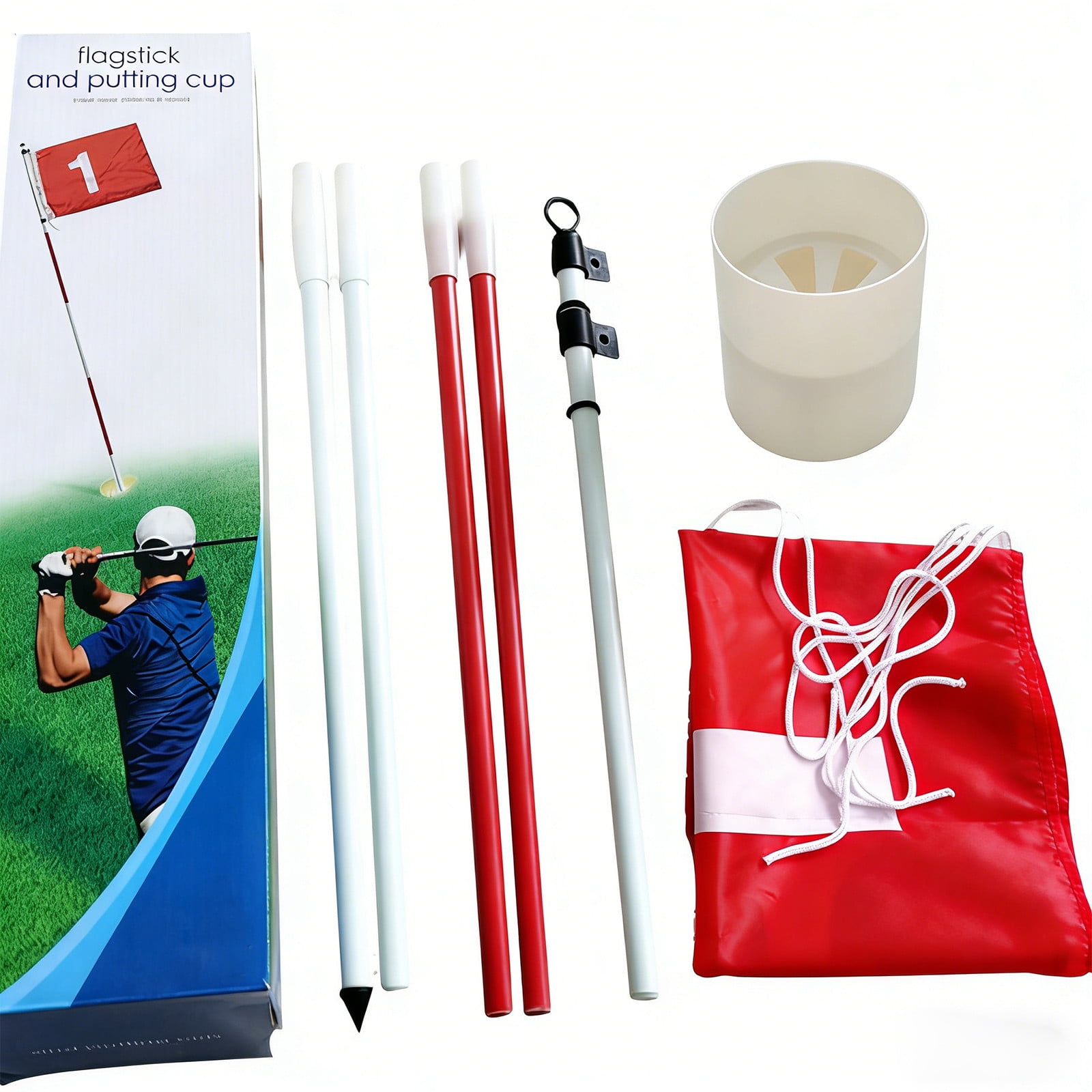 6ft Detachable Golf Flagstick Set With Click-Lock Joints - Portable 5-Piece Iron Pole Includes 20x14in Red Nylon Flag & ABS Hole Cup With Drainage For Home Practice